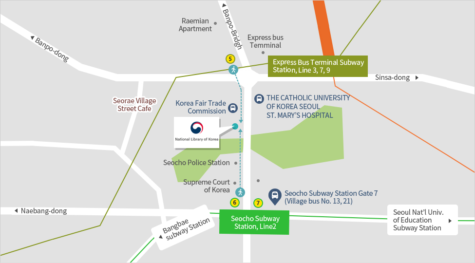 Map showing the National Library of Korea and nearby subway stations (Seocho Station Line 2, Express Bus Terminal Station Lines 3, 7, 9)